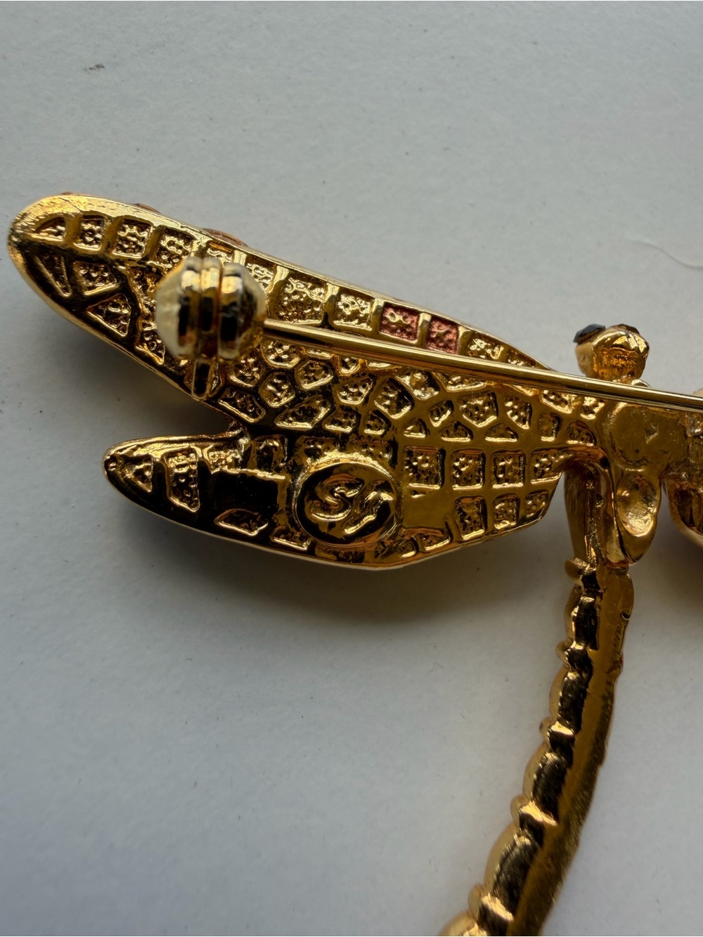 Gold & Copper Dragonfly Brooch with Crystal Accents - Picture 8 of 8